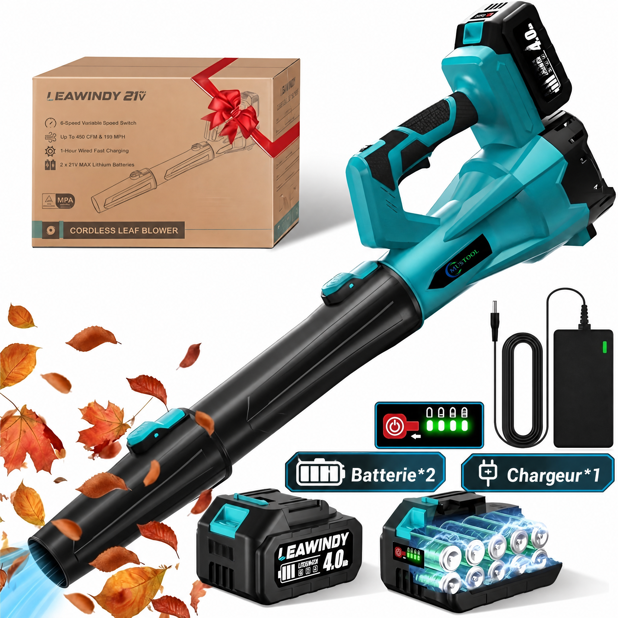 Souffleur sans fil 21 V, 6 vitesses – nettoyage rapide et efficace de la cour et de la terrasse – 2 batteries incluses