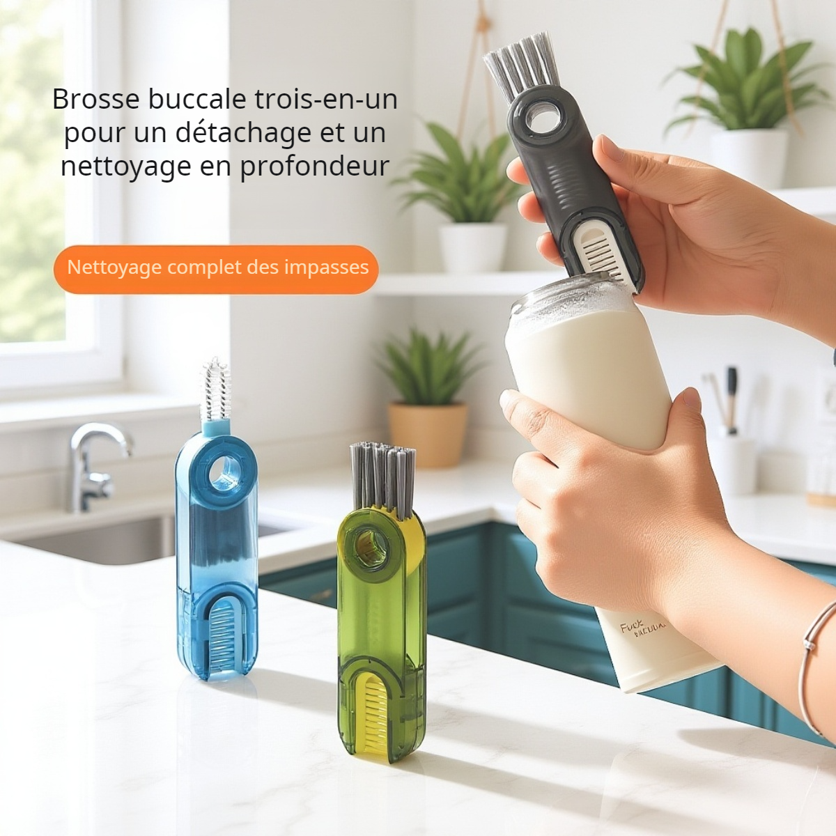 Brosse de nettoyage rotative en forme de U pour bouteille et tasse isotherme
