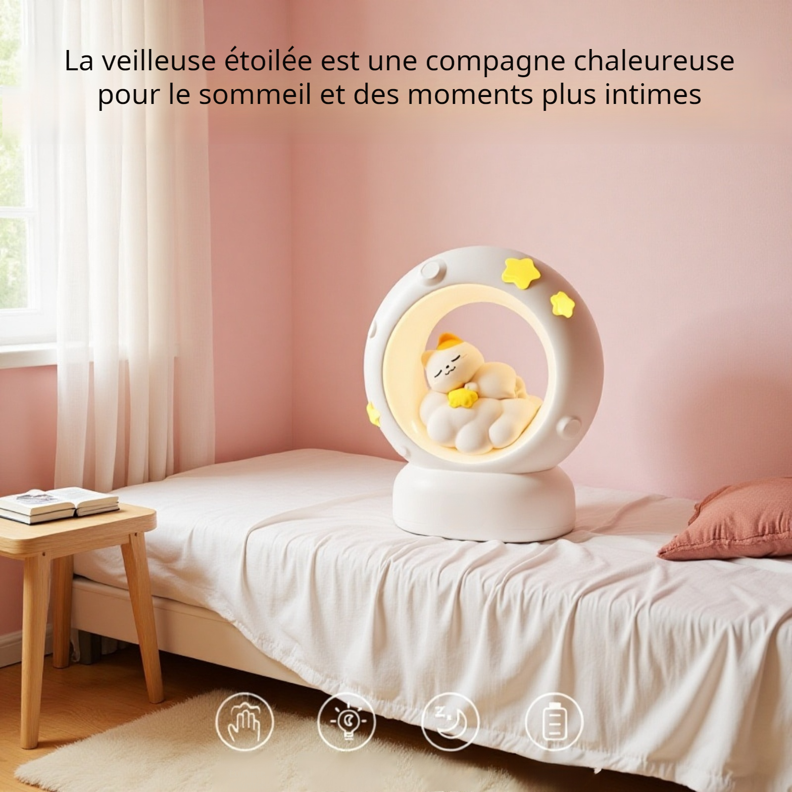Lampe de chevet chat mignon à LED, lumière chaude, tactile, rechargeable Type-C