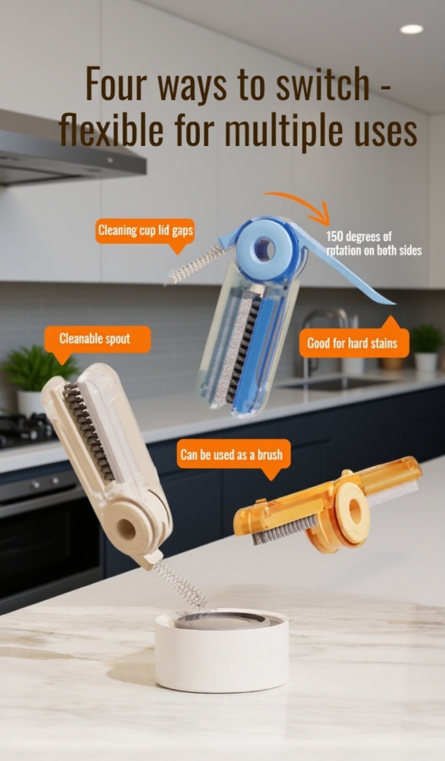 Cup brush with rotatable head for thorough cleaning