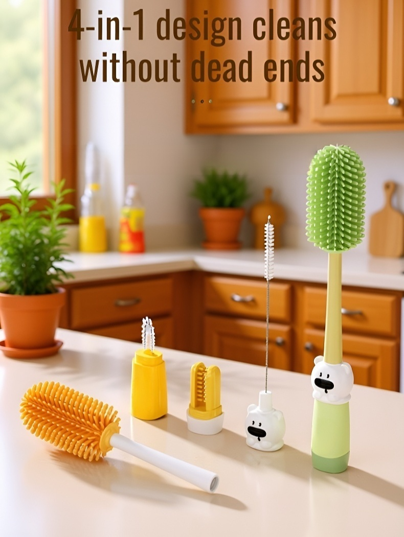 Long handle baby bottle brush with flexible silicone bristles