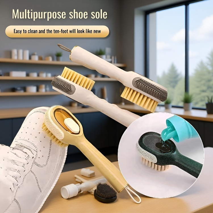 Close-up of shoe brush dispensing cleaning liquid