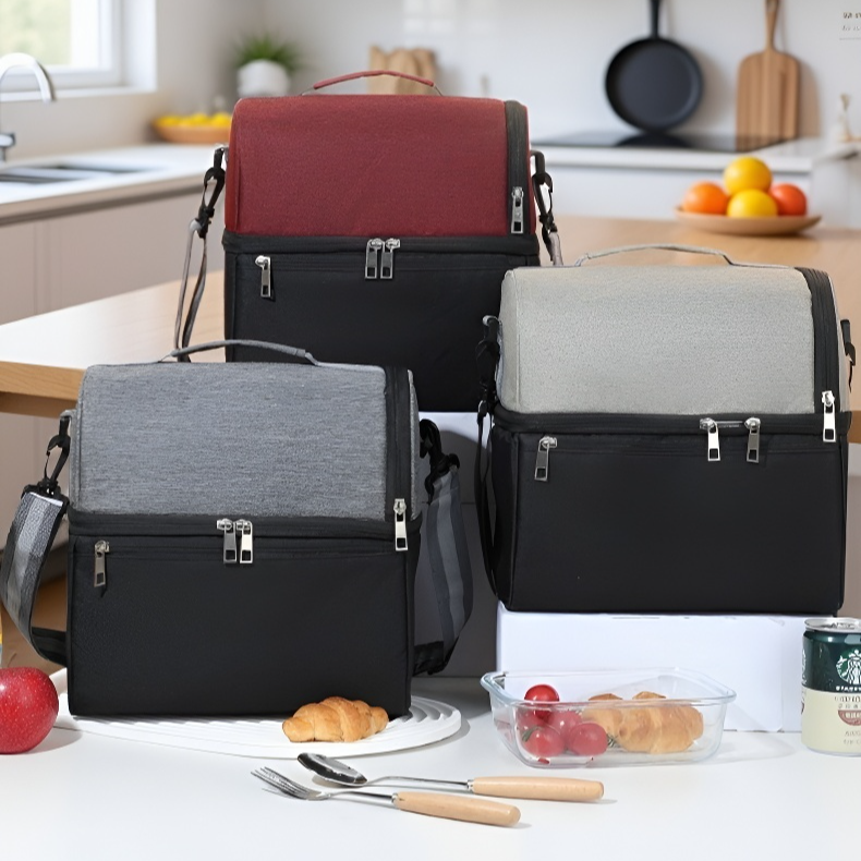 Front view of Two-Compartment Patchwork Bento Tote