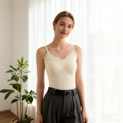 Französisches Spitzen-Trägertop mit integrierten Cups, nahtlos für Damen