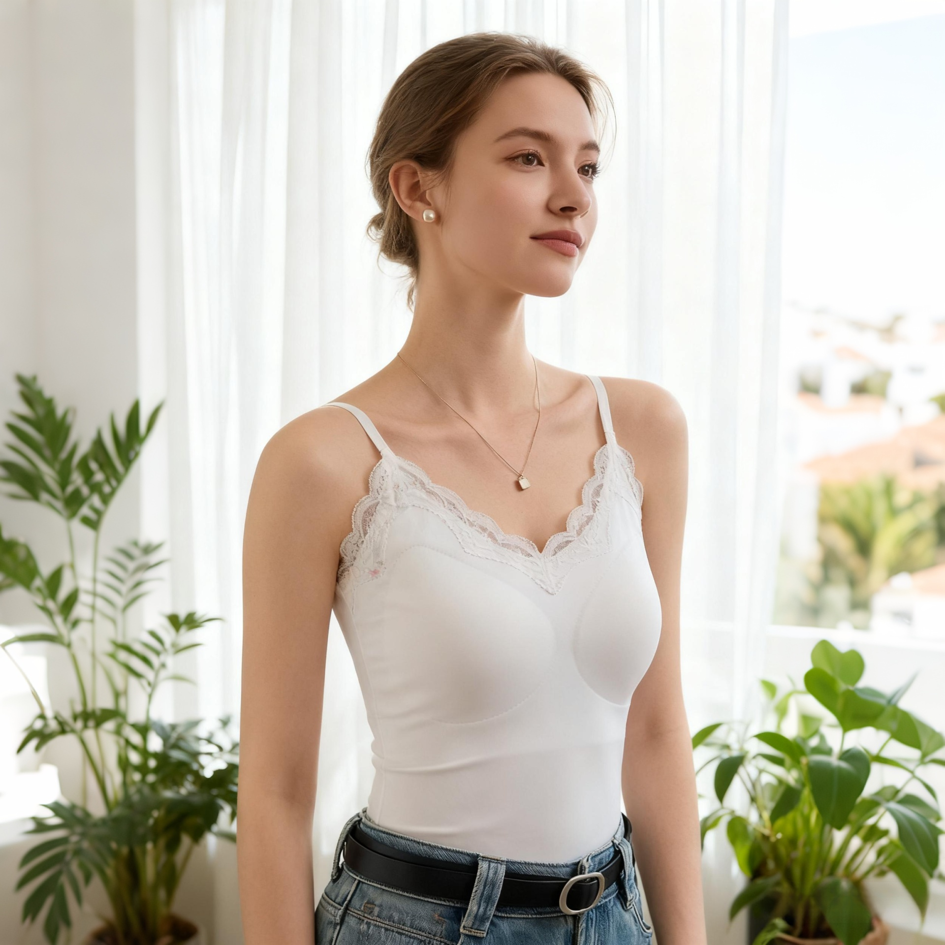 Französisches Spitzen-Trägertop mit integrierten Cups, nahtlos für Damen