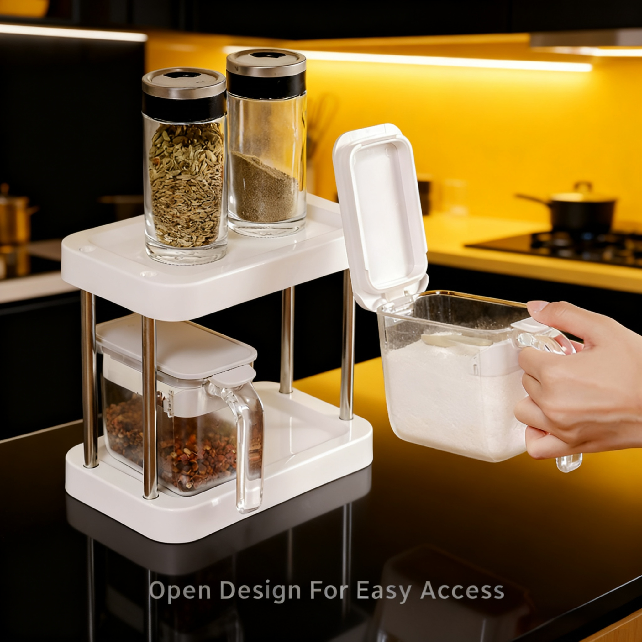 Easy-access spice rack for cabinets and pantry shelves