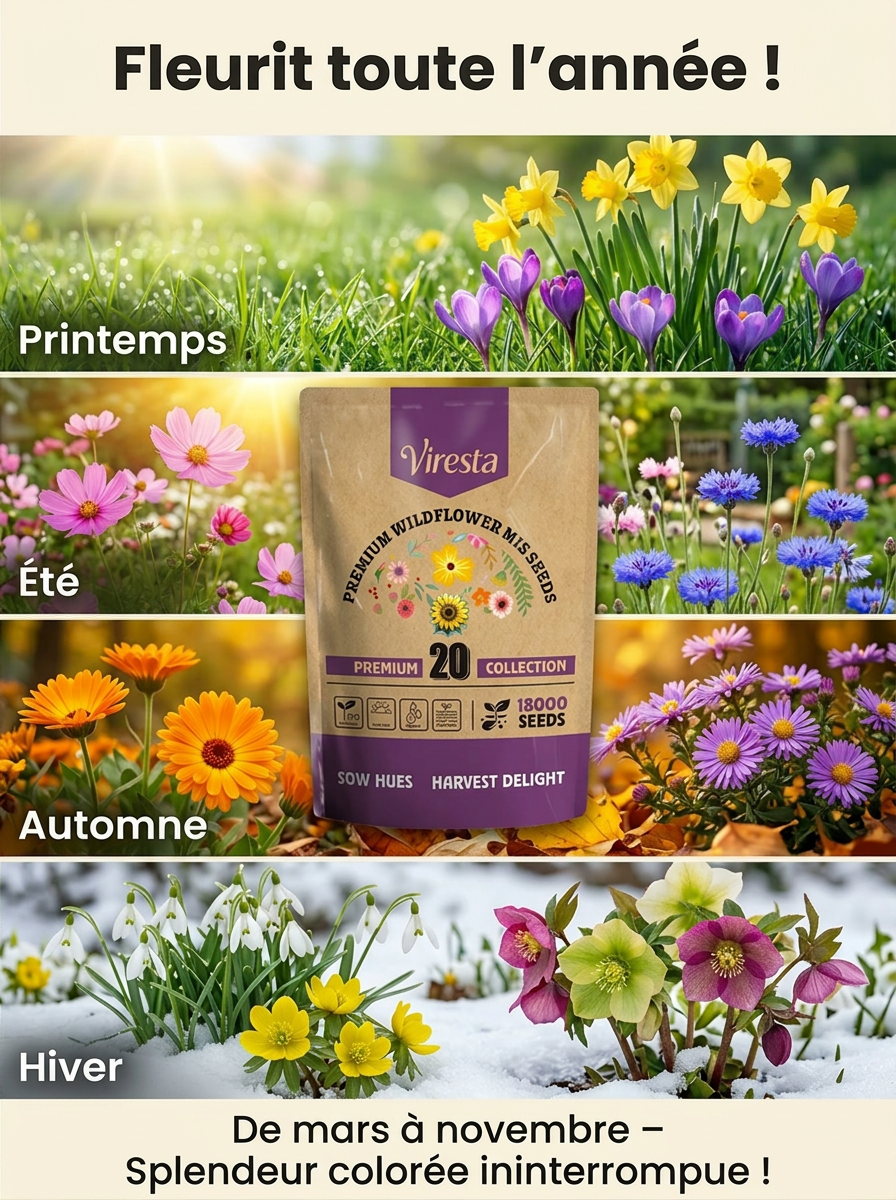 Mélange de fleurs biologiques Viresta | 18 000 graines | 300 jours de floraison | Idéal pour les abeilles