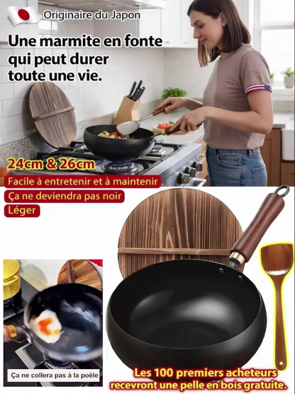 Wok Japonais Artisanal en Fonte | Antiadhésif Naturel Sans Revêtement | Ultra-Léger Moins de 1kg | Tous Feux 🍳🌿