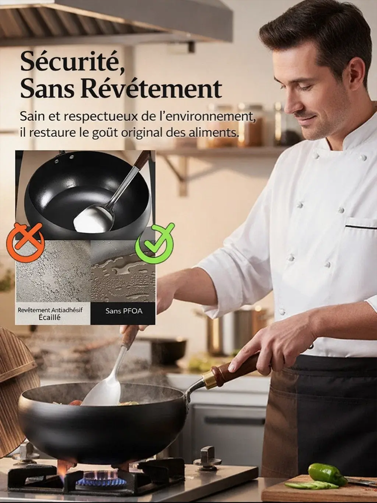 Wok Japonais Artisanal en Fonte | Antiadhésif Naturel Sans Revêtement | Ultra-Léger Moins de 1kg | Tous Feux 🍳🌿