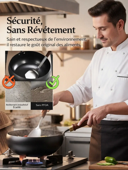 Wok Japonais Artisanal en Fonte | Antiadhésif Naturel Sans Revêtement | Ultra-Léger Moins de 1kg | Tous Feux 🍳🌿