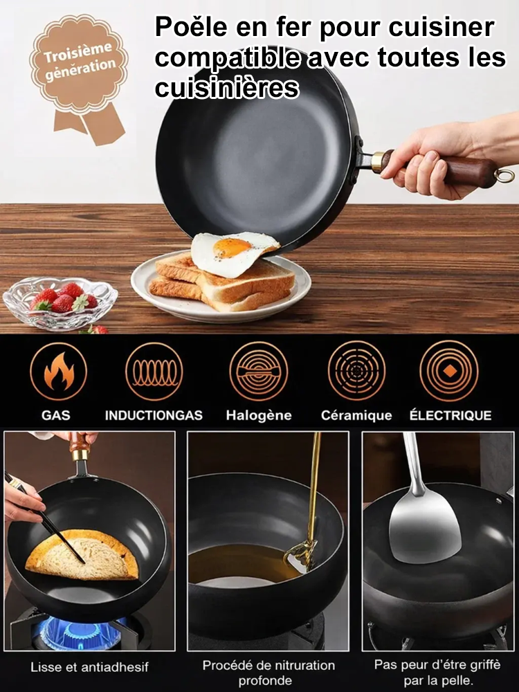 Wok Japonais Artisanal en Fonte | Antiadhésif Naturel Sans Revêtement | Ultra-Léger Moins de 1kg | Tous Feux 🍳🌿