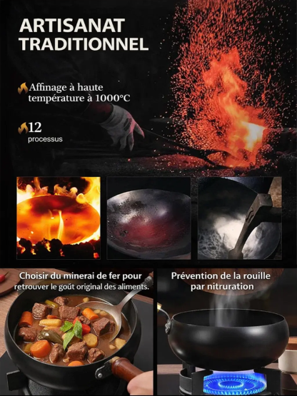 Wok Japonais Artisanal en Fonte | Antiadhésif Naturel Sans Revêtement | Ultra-Léger Moins de 1kg | Tous Feux 🍳🌿