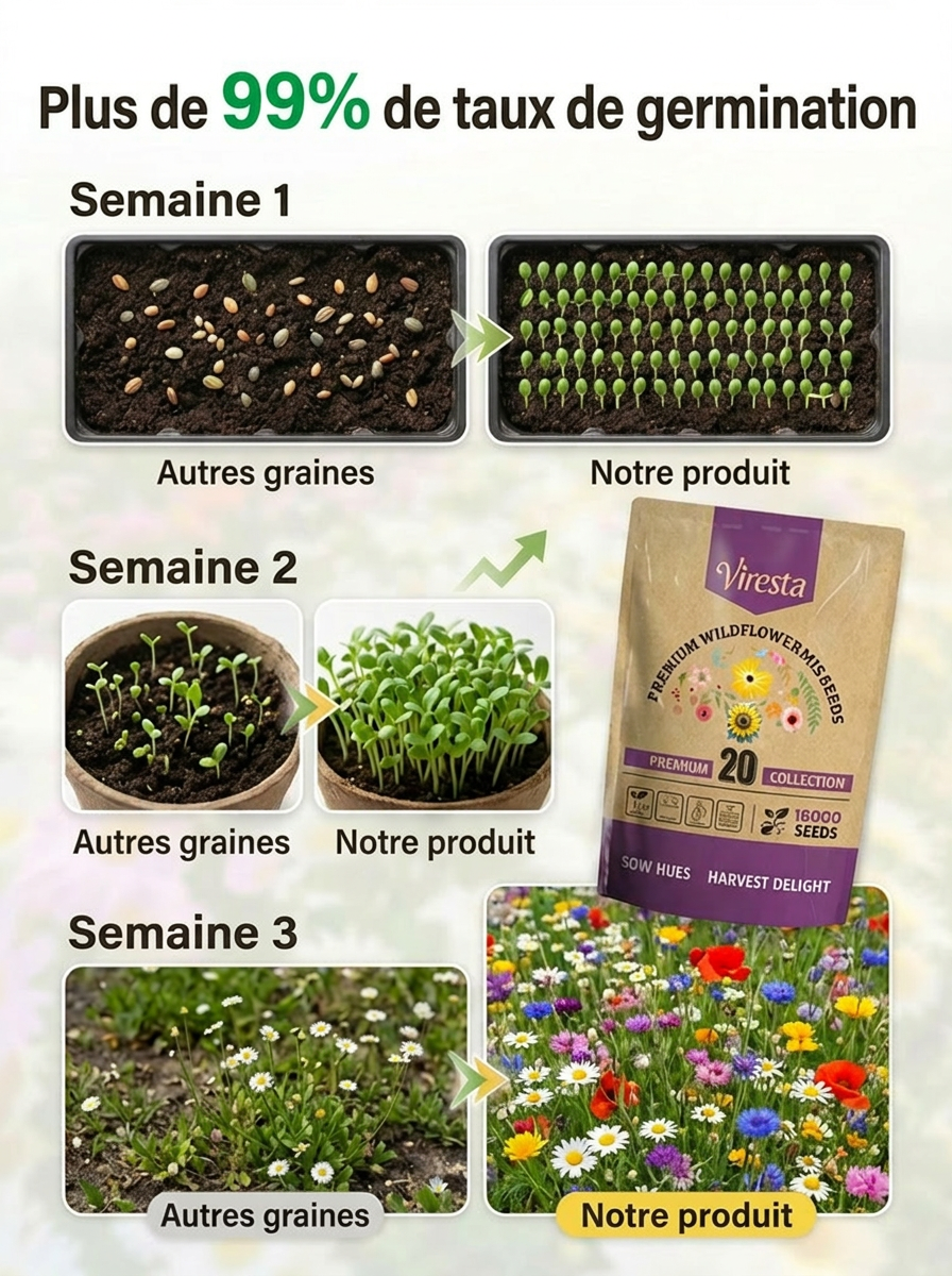 Mélange de fleurs biologiques Viresta | 18 000 graines | 300 jours de floraison | Idéal pour les abeilles