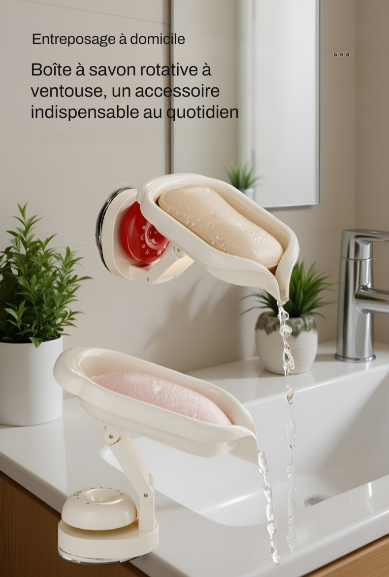 Boîte à savon avec ventouse multifonction installée sur lavabo