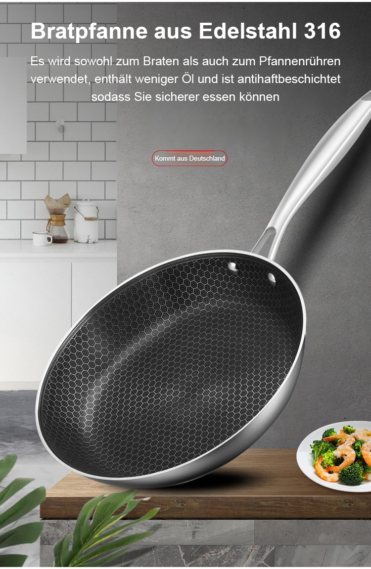 Edelstahl-Wabenboden-Pfanne ohne Beschichtung – Antihaft-Effekt