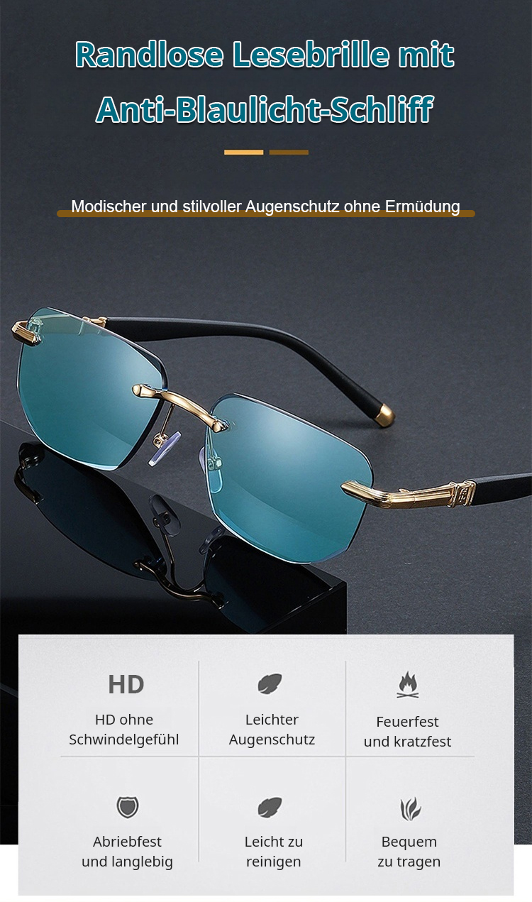 Randlose Lesebrille mit Diamantschliff auf weißem Hintergrund