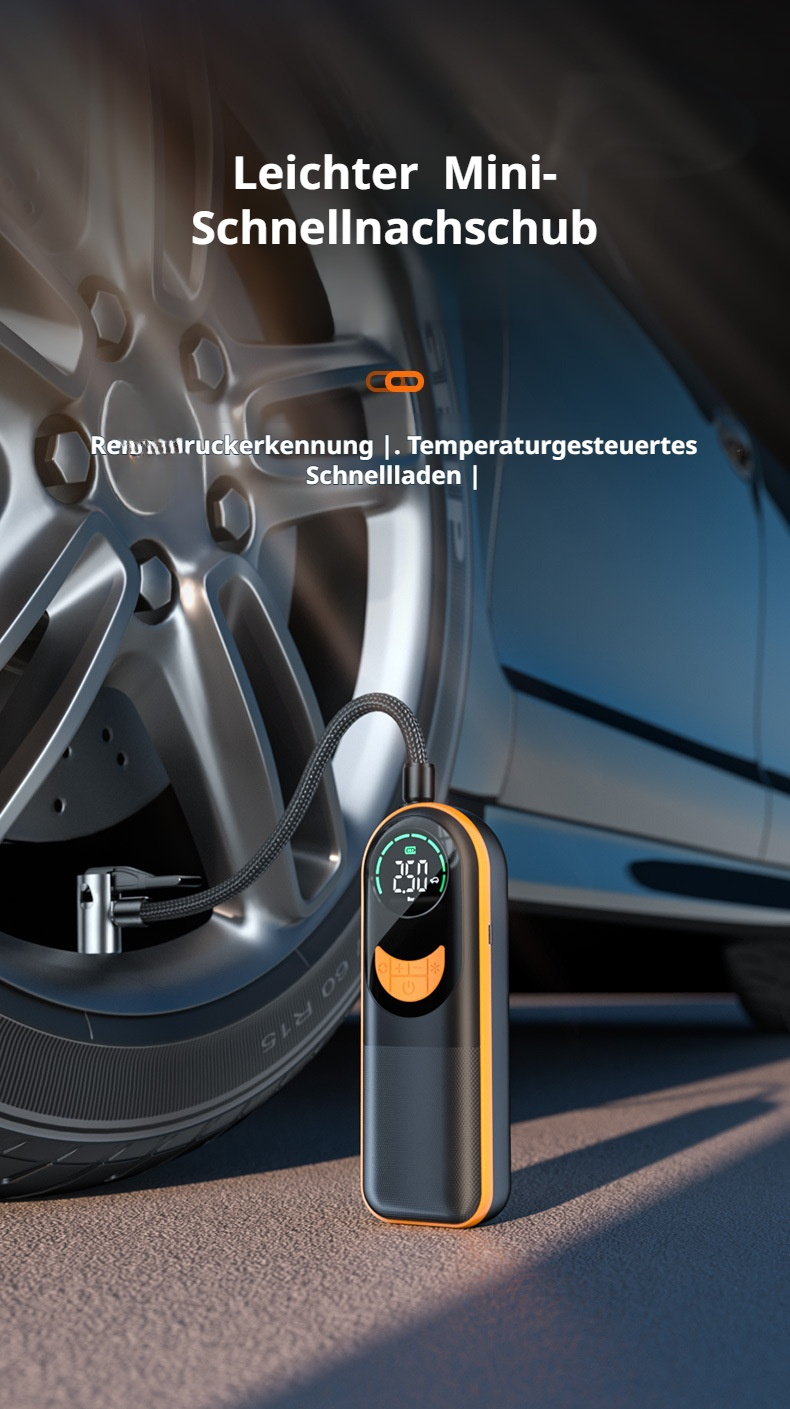 Kabellose Auto-Luftpumpe mit Digitalanzeige im Einsatz am Autoreifen