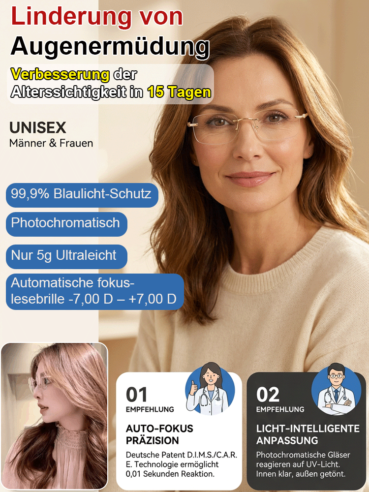 【✨️0-1000° intelligente Fokussierung】Ultraleichte randlose phototropische Lesebrille