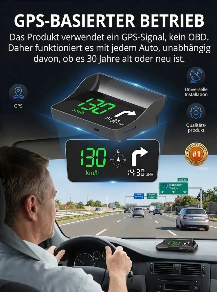 Smart HUD GPS Display - Plug-and-Play Driving Assistant with Lifetime Speed Camera Updates