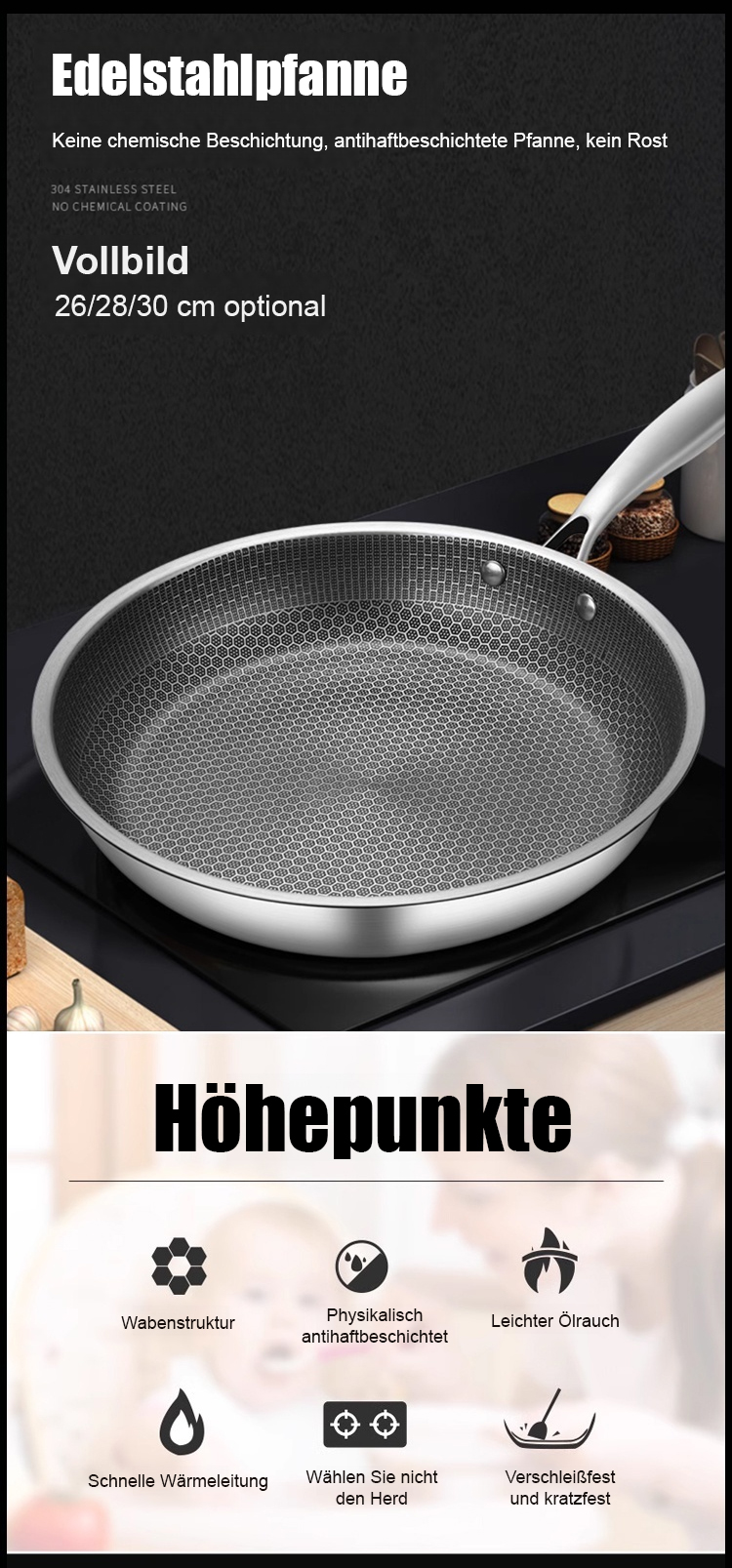 Multifunktionale Wabenpfanne aus Edelstahl auf dem Herd