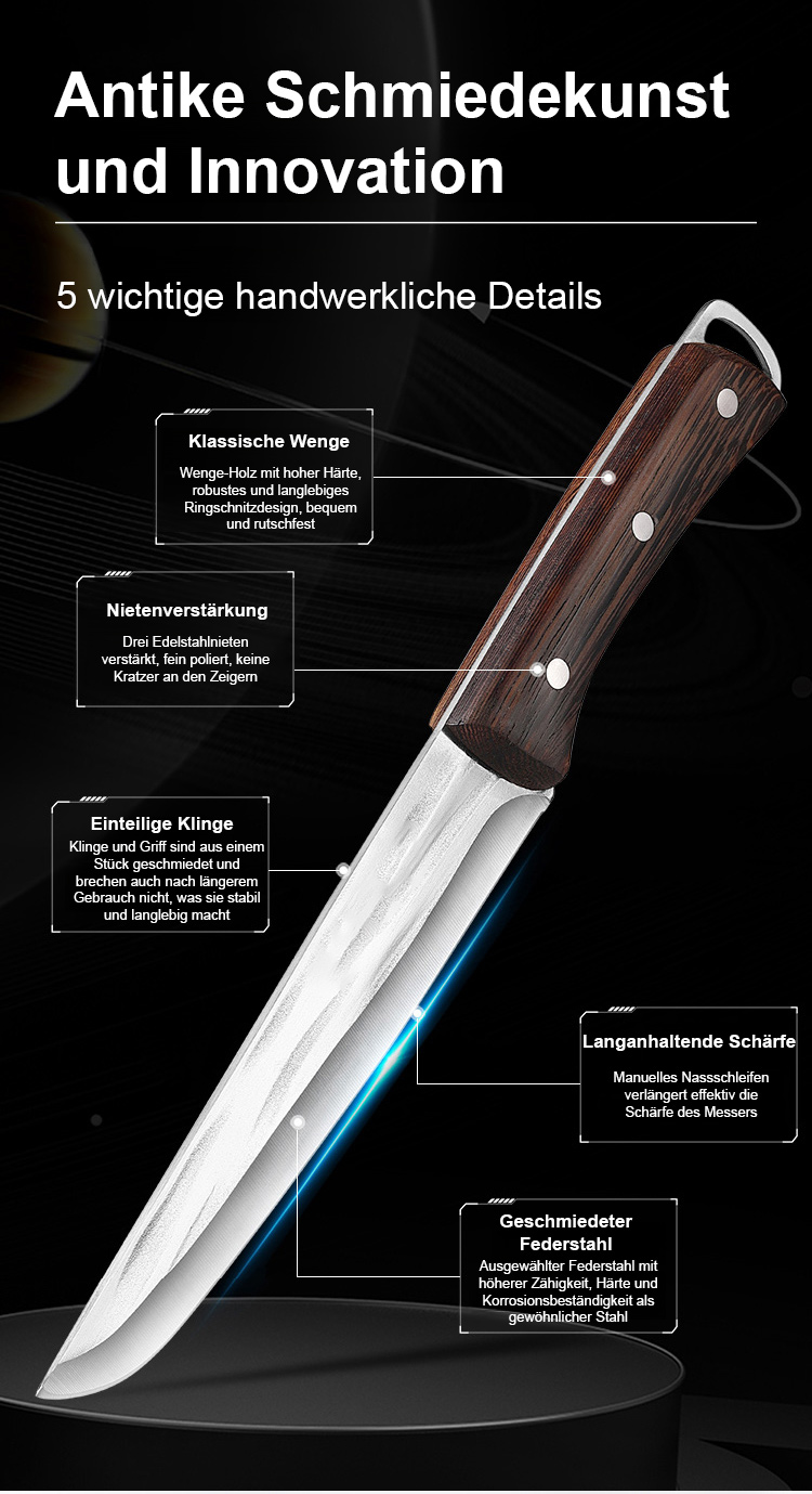 Verschiedene handgeschmiedete Küchenhelfer auf Arbeitsfläche