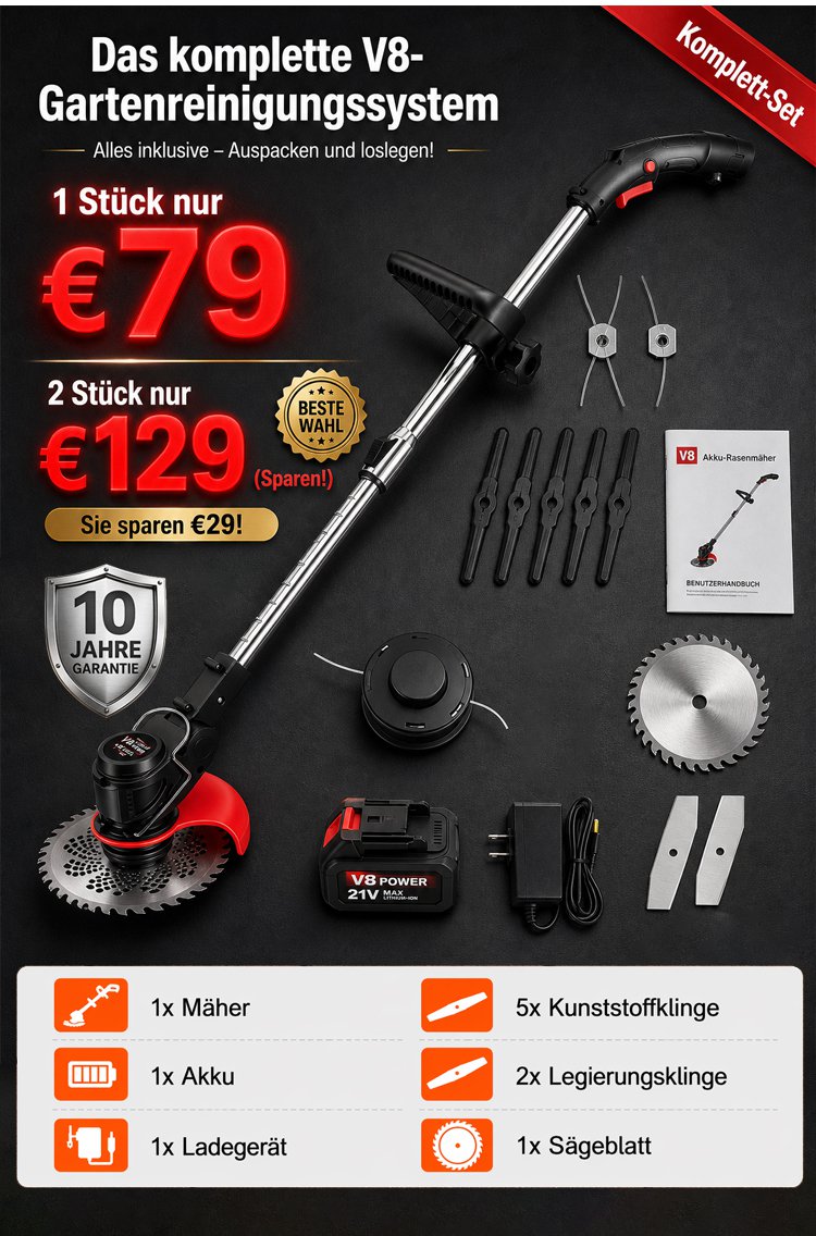 V8 Gartenreinigungssystem – 18000 U/min 3-in-1 Akku-Trimmer und Unkrautschneider für einfache Gartenpflege