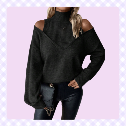 Schulterfreier Pullover mit halbem Stehkragen, einfarbig, gerippt, lässig