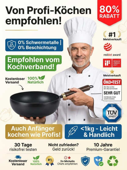 【100% Toxinfrei und Gesund】Handgeschmiedet in 100-jähriger Werkstatt Sanjo✨ | Natürlich antihaft ohne Beschichtung✨ | Ohne Einbrennen | Für alle Herdarten geeignet | 95 % weniger Kochrauch🔥