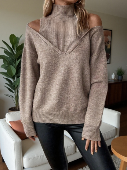 Schulterfreier Pullover mit halbem Stehkragen, einfarbig, gerippt, lässig