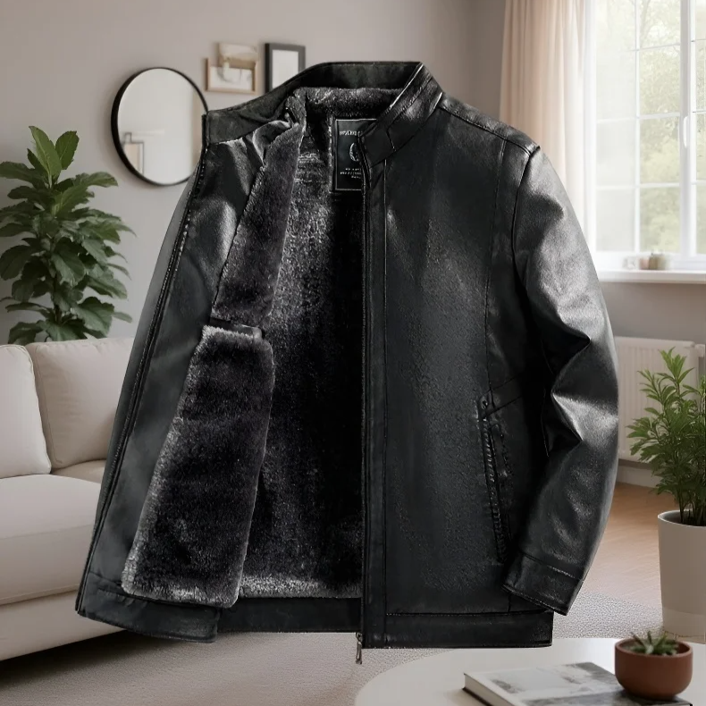 Herren Winterjacke aus Leder mit Fleece-Futter, dick und warm