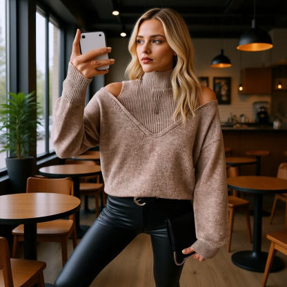 Schulterfreier Pullover mit halbem Stehkragen, einfarbig, gerippt, lässig