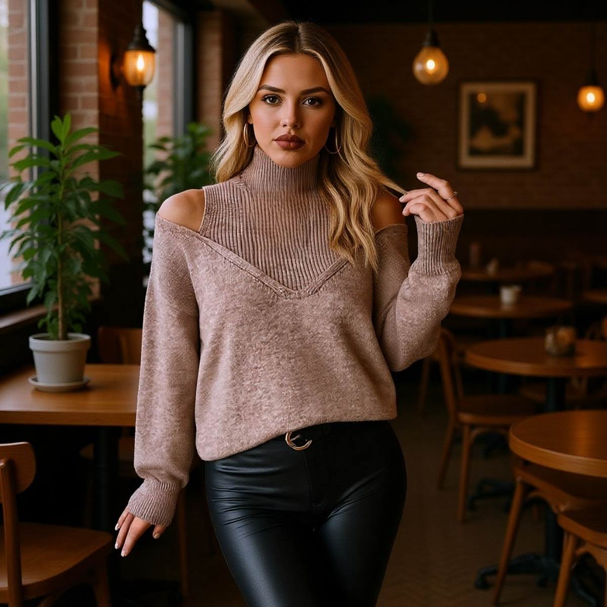 Schulterfreier Pullover mit halbem Stehkragen, einfarbig, gerippt, lässig