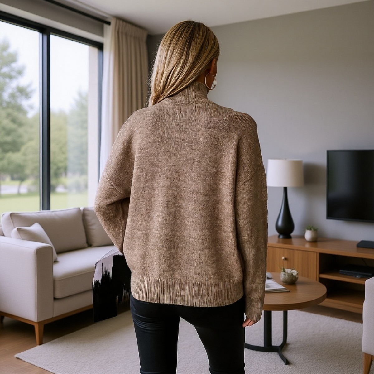 Schulterfreier Pullover mit halbem Stehkragen, einfarbig, gerippt, lässig