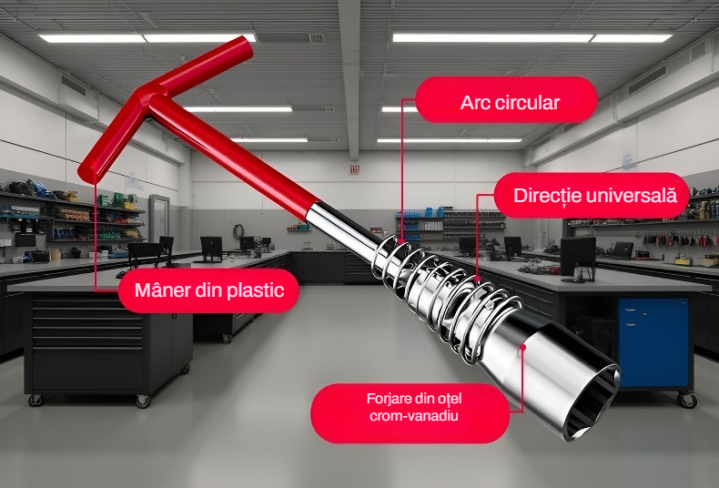 Design ergonomic cheie tubulară tip T pentru bujii