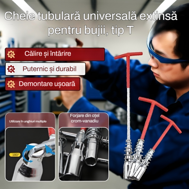 Cheie tubulară tip T prelungită, universală pentru bujii