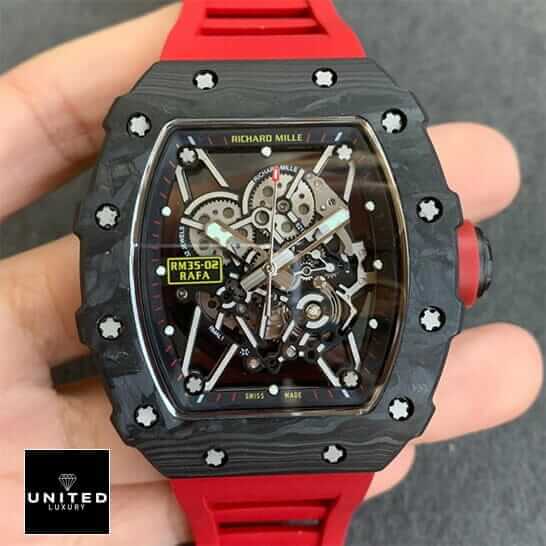 Richthtard Mithtlle  RM3502 Black Bezel Red Rubber Bracelet Replica on the hand