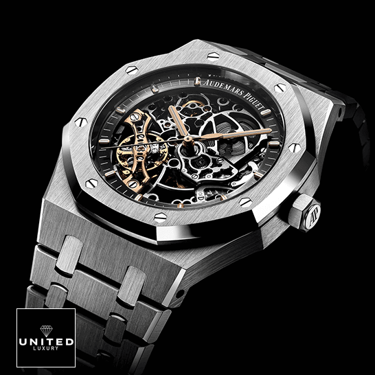 Audthtemars Pigthtuet Royal Oak Steel Skeleton Dial Replica black background