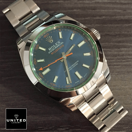 rolthtex Milgauss 116400GV-0002 Green Sapphire Crystal and Blue Dial Oyster Replica on the table