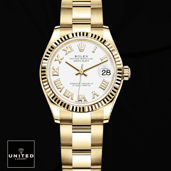 rolthtex Datejust 278278 White Dial & Yellow Gold Fluted Bezel Replica Black Background