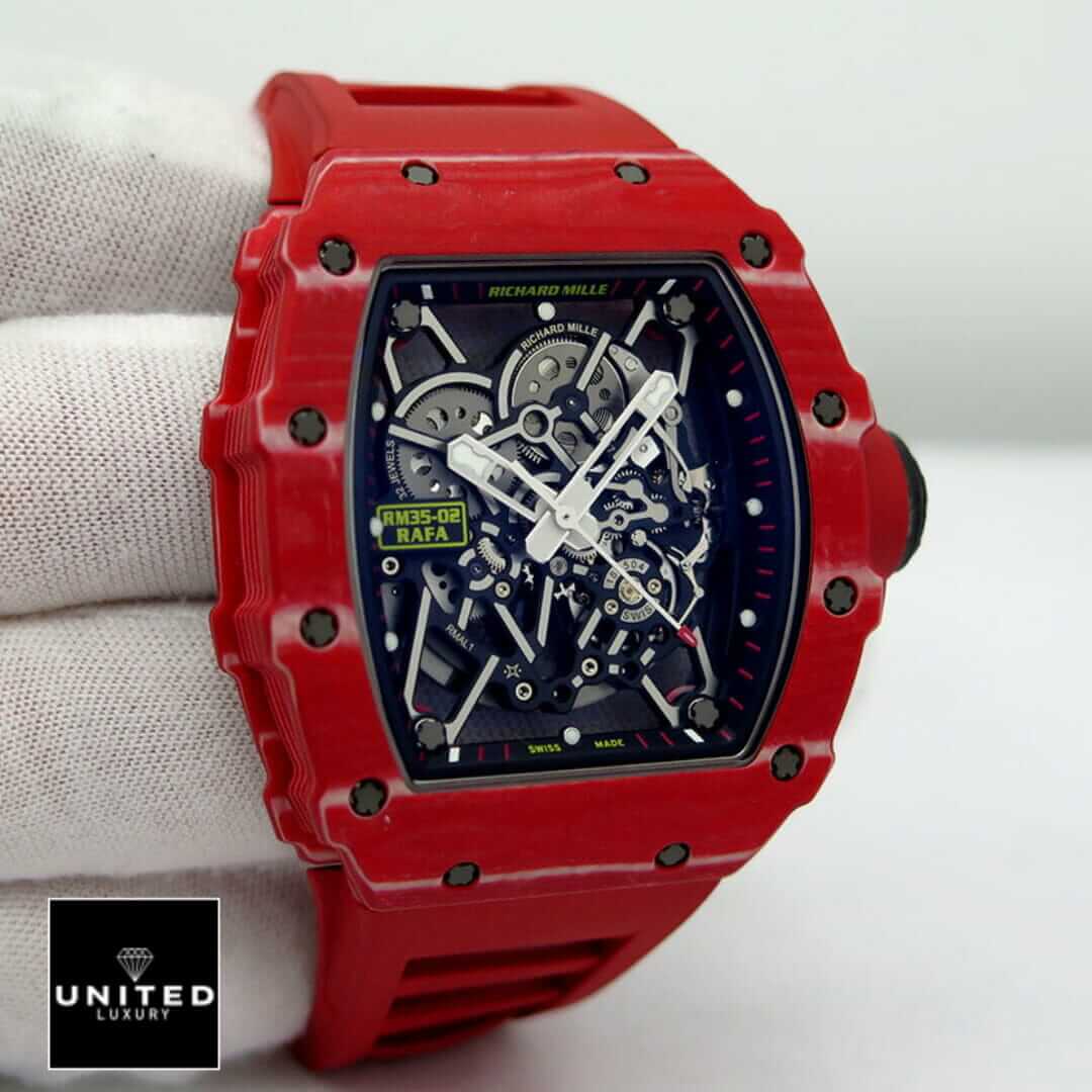 Richthtard Mithtlle  RM35-02 Rafa Black Dial Red Bezel Replica on the glove hand