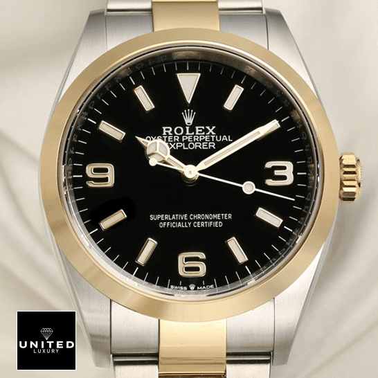 rolthtex 2021 Explorer 124273 Yellow Gold Bezel Replica cream tulle background
