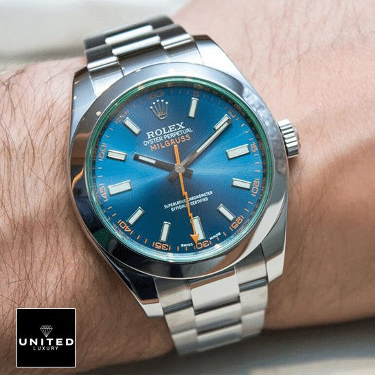 rolthtex Milgauss 116400GV-0002 Blue Dial Replica on his arm