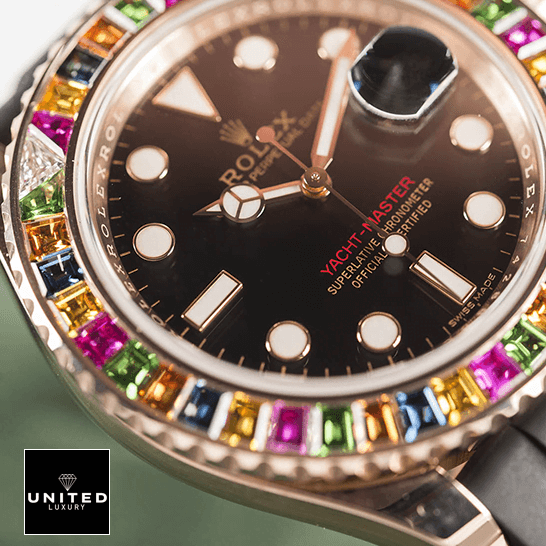 rolthtex Perpetual Yacht-Master Gem-Set Bezel 116695 SATS Handcrafted Clone Quality rolthtex perpetual yacht master with gem set bezel 116695 replica dial ceramic rolthtex Ycht Master Gem Set 116695 Replica close analog view
