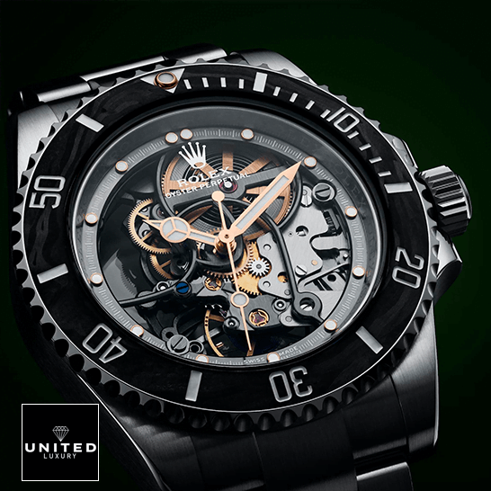 rolthtex Skeleton Dial Steel 114200 Replica black background