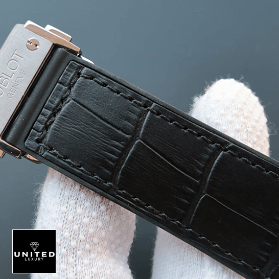 hubthtlot Classic Fusion Black Leather Bracelet Steel Clasp Replica on the white glove hand