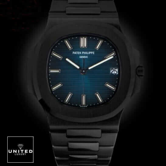 pathttek Philithtppe Nautilus Blue Dial Front View Replica black background