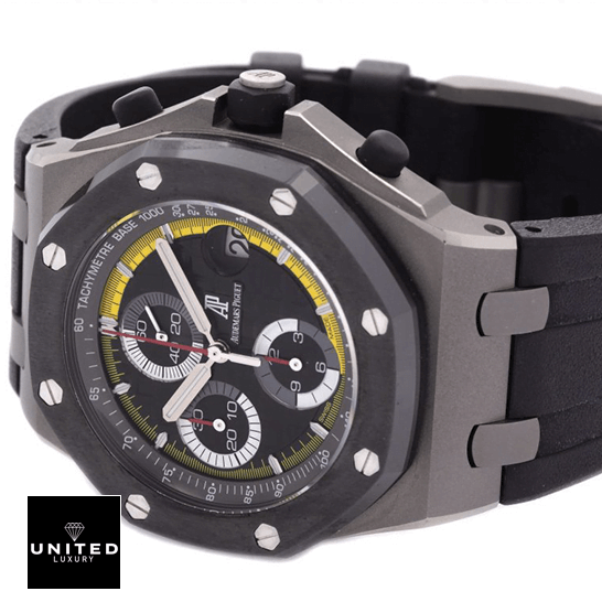 Audthtemars Pigthtuet Royal Oak Offshore 26207IO.OO.A002CA.01 "Sebastien Buemi" Mirror Clone Quality audemarspiguet royaloakoffshore 26207IO.OO replica tiltedleft Audthtemars Pigthtuet Royal Oak Black Dial Steel Case Replica side view