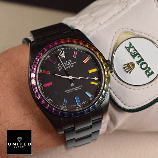 rolthtex Milgauss 116400 Rainbow Gem-Set Bezel Replica on his arm