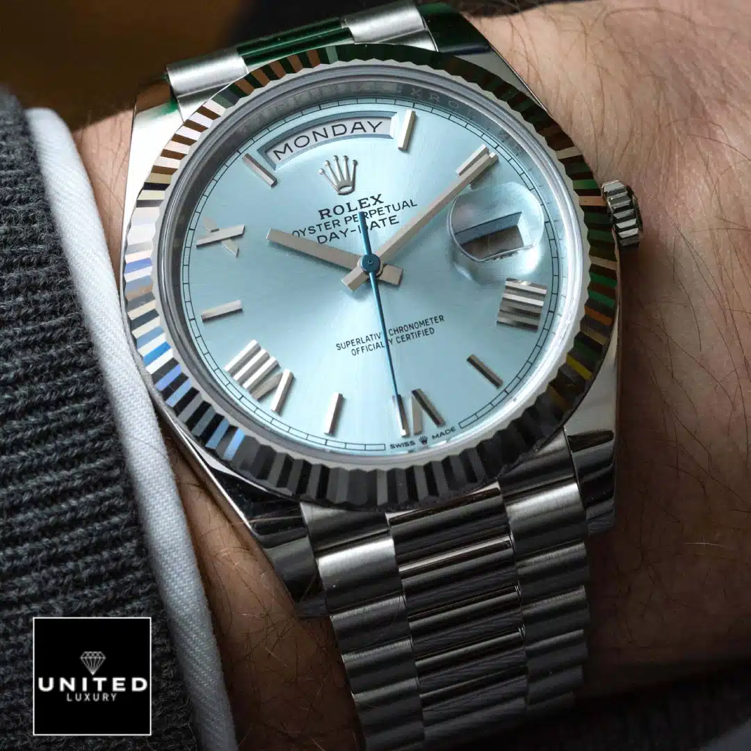 rolthtex Day Date 228236 Ice Blue Grooved Replica on is arm