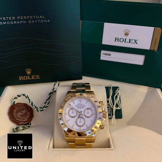 rolthtex Cosmograph Daytona 116528 Exact Replica 1:1 rolthtex Daytona 116528 Yellow Gold White Dial Oyster Replica & Guarantee Card in the rolthtex Box